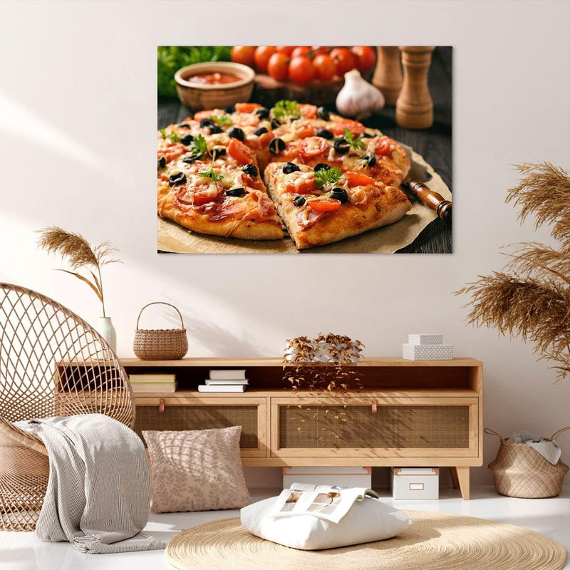 Bilder auf Leinwand 100x70cm Leinwandbild mit Rahmen Pizza Käse Tomaten Gross Wanddeko Bild Schlafzi