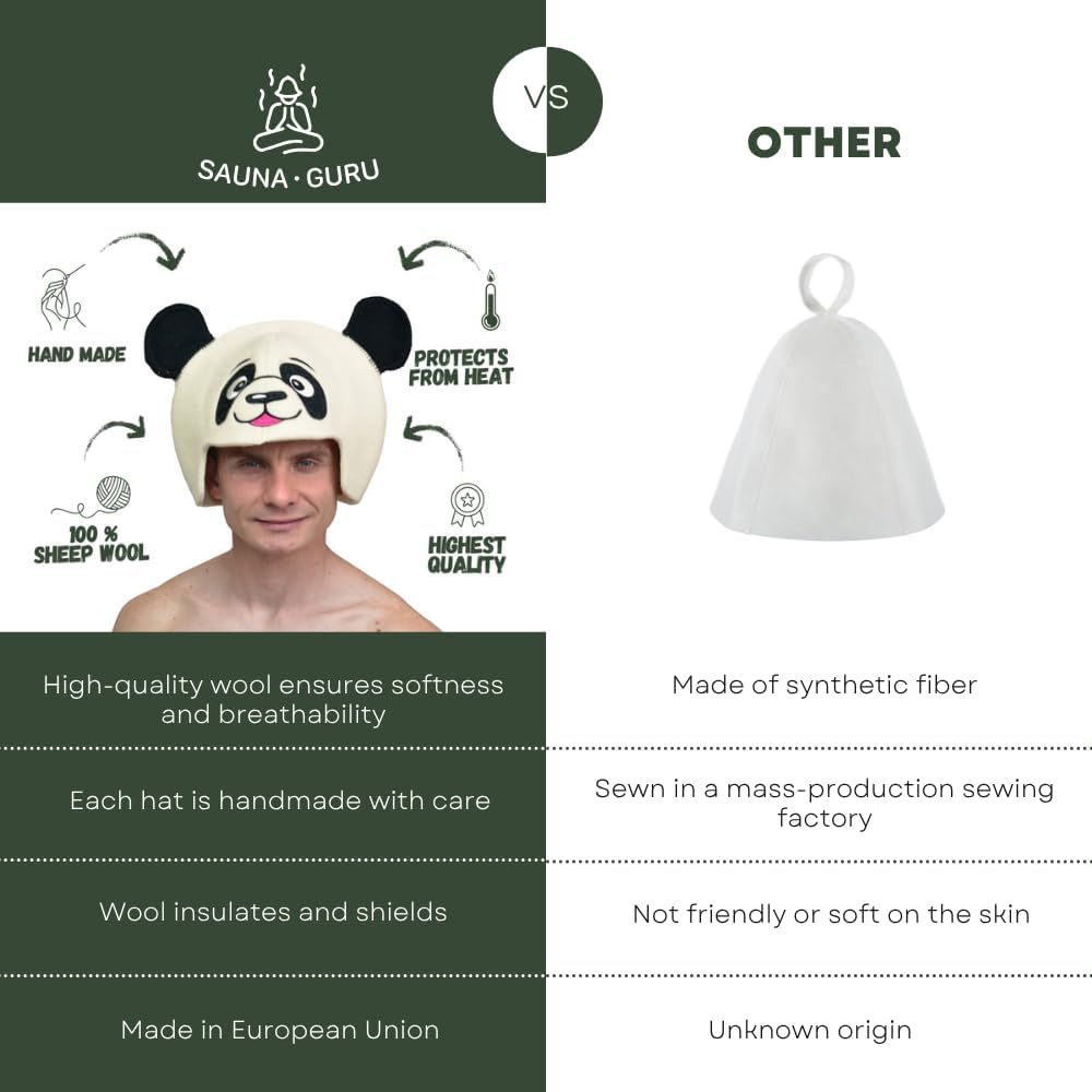 Natural Textile Saunahut 'Sauna Panda' White - 100% organische Wollfilzmützen - Schützen Sie Ihren K