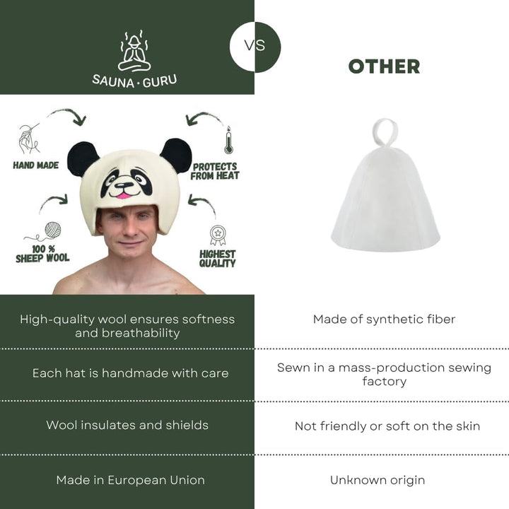 Natural Textile Saunahut 'Sauna Panda' White - 100% organische Wollfilzmützen - Schützen Sie Ihren K
