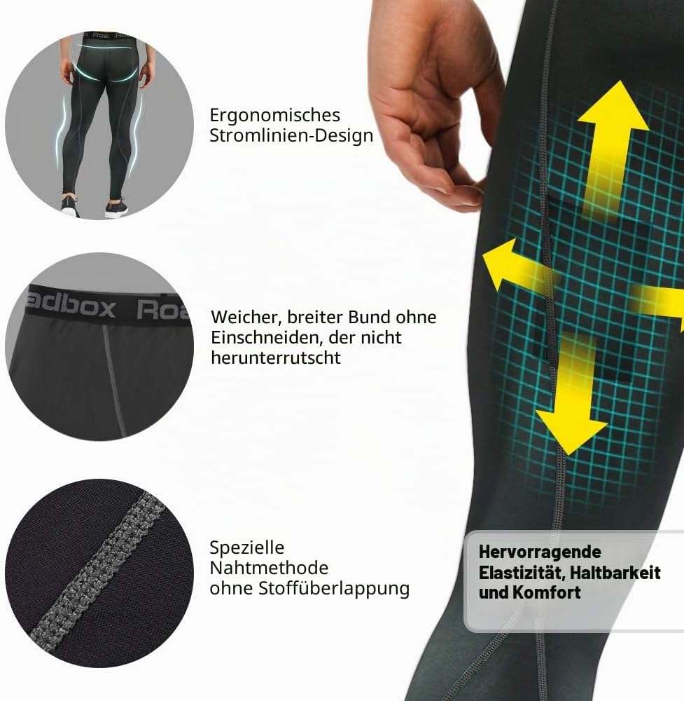 Roadbox Kompressionshose Herren Laufhose Lang für Sport, Training, Fitness, Radfahren, Yoga, Wandern