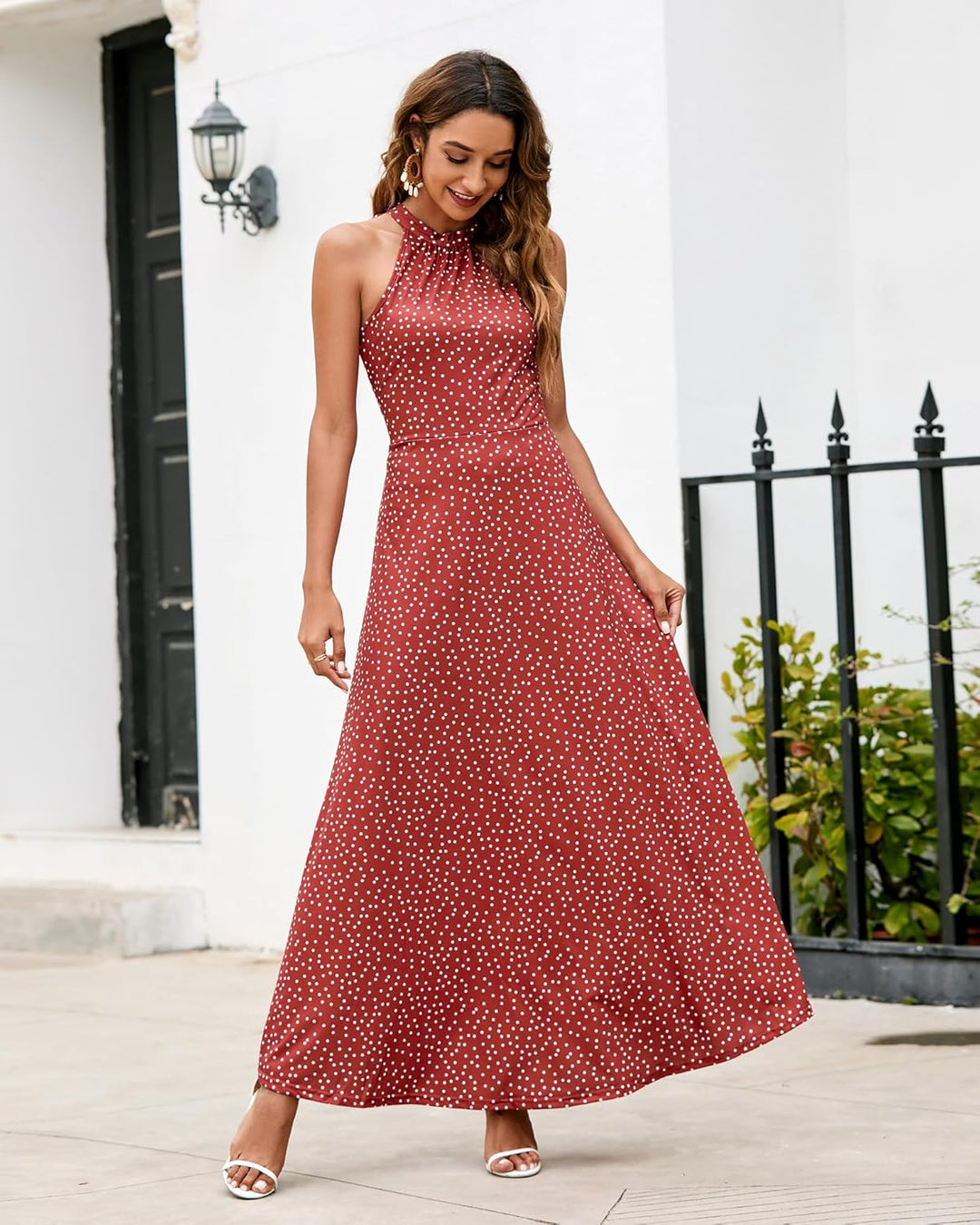 STYLEWORD Damen Neckholder Elegant Sommerkleid Ärmellos Blumenkleid Maxikleid Lange Strandkleid S Fl