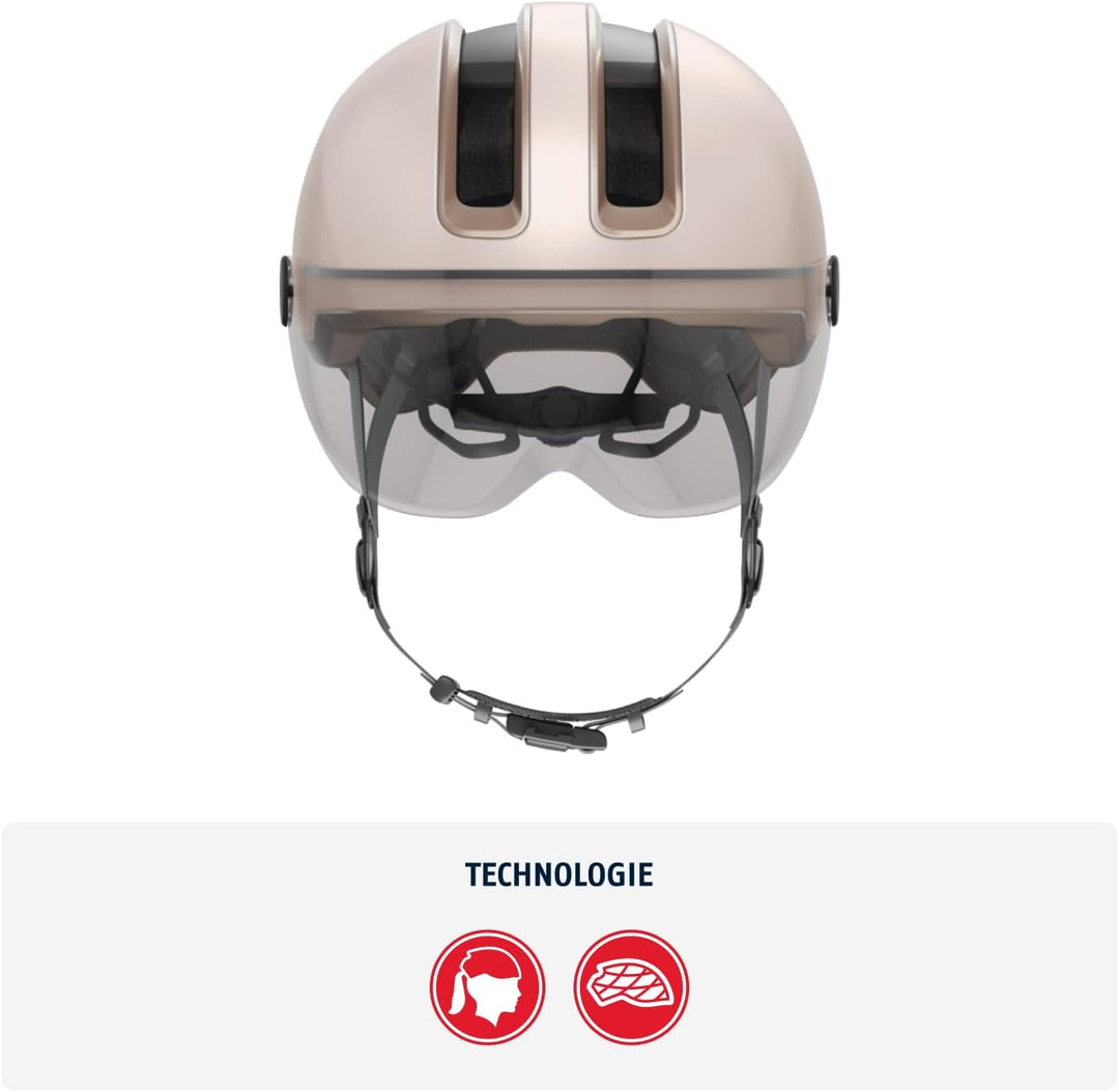ABUS Stadthelm HUD-Y ACE - stylischer Fahrradhelm mit Visier und magnetischem, aufladbarem LED-Rückl