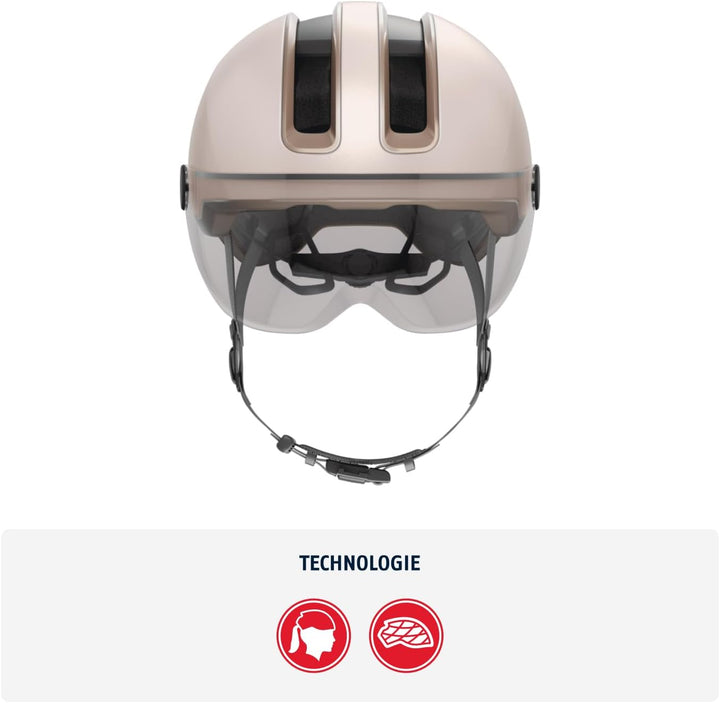 ABUS Stadthelm HUD-Y ACE - stylischer Fahrradhelm mit Visier und magnetischem, aufladbarem LED-Rückl