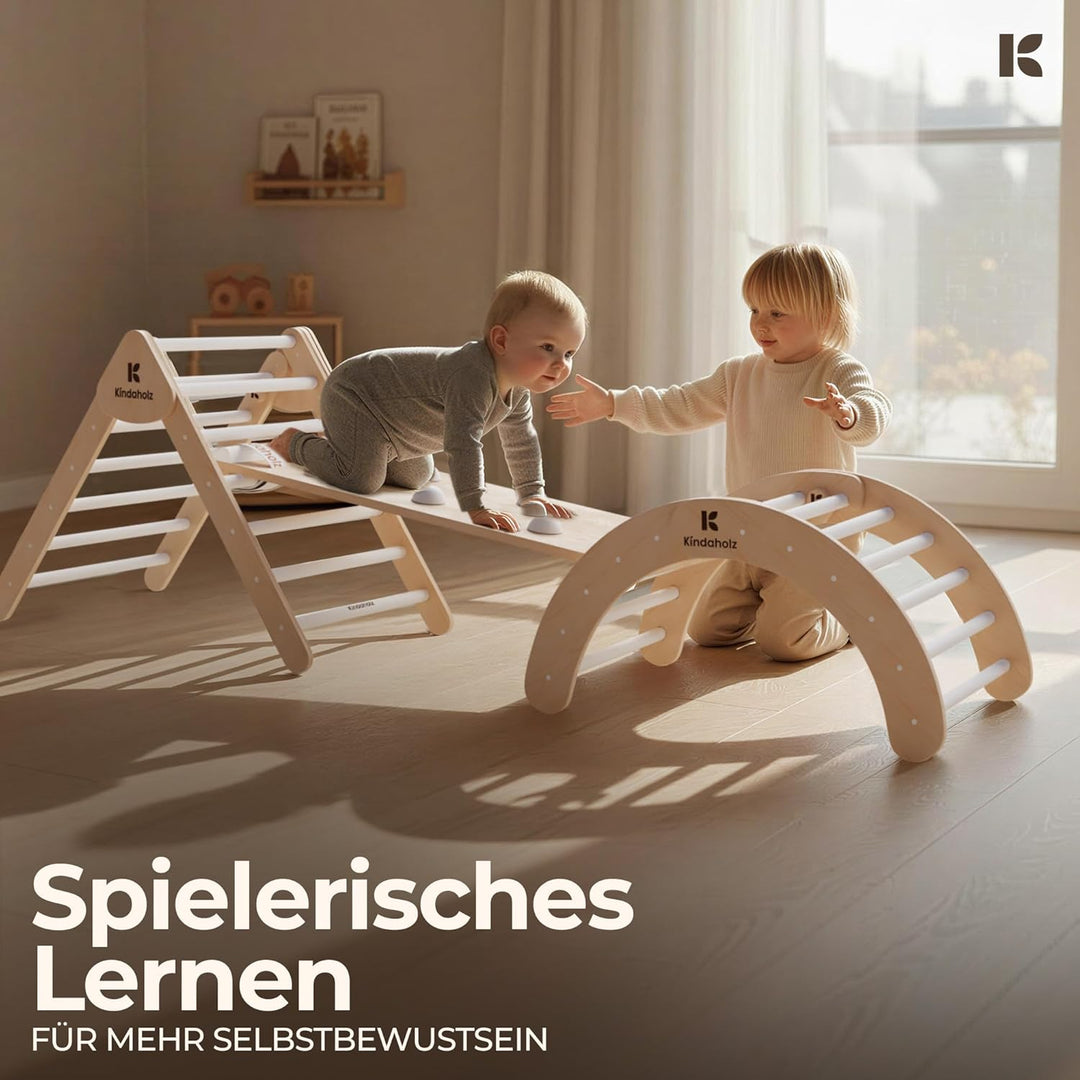KINDAHOLZ 5in1 Klettergerüst Indoor-Spielplatz Set – Pikler-Kletterdreieck + Kletterbogen + 2-in-1-R