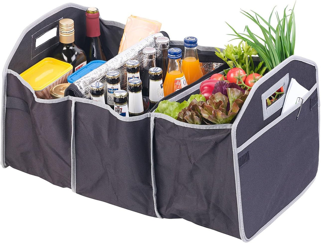 Lescars Kofferraumboxen: 2er-Set 2in1-Kofferraum-Organizer mit 3 Fächern & Kühltasche, faltbar (Car