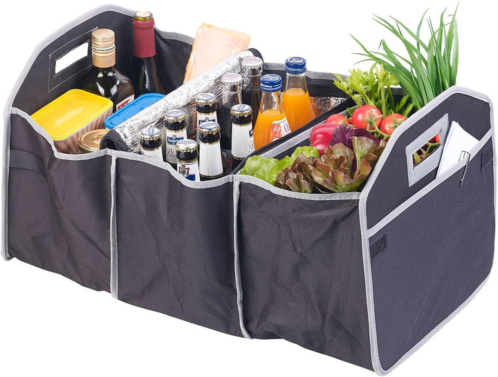 Lescars Kofferraumboxen: 2er-Set 2in1-Kofferraum-Organizer mit 3 Fächern & Kühltasche, faltbar (Car