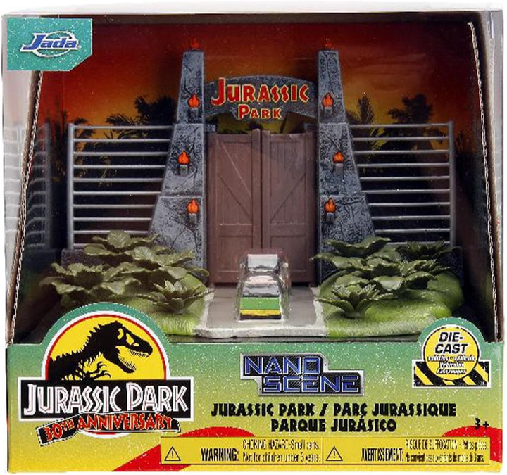Nano Scene Jurassic Park 30th Anniversary Jurassic Gate Diorama w/ Two 4.2 cm Die-Cast Cars, Toys fo