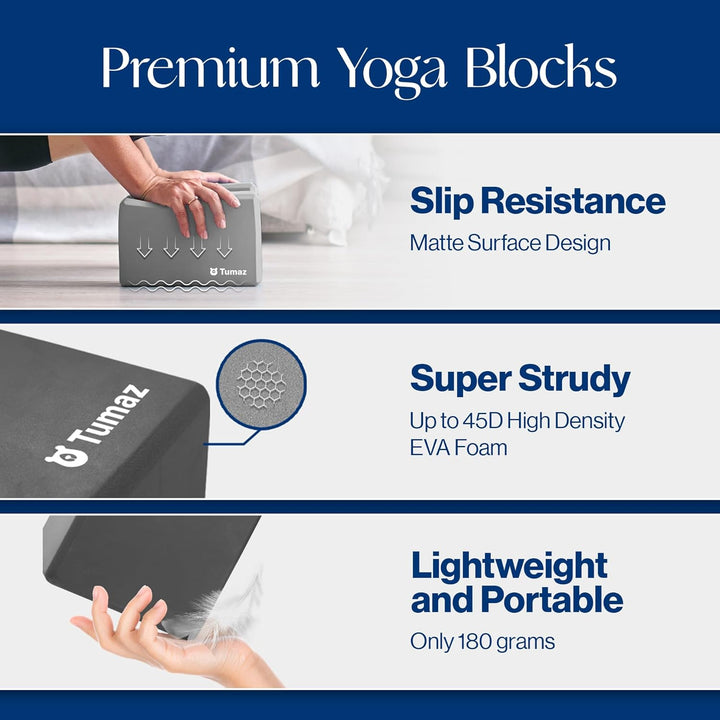 Tumaz Yoga Block 2er Set mit Yoga Gurt [240 cm] - Yoga Blöcke Eva-Schaum mit hoher Dichte und gering