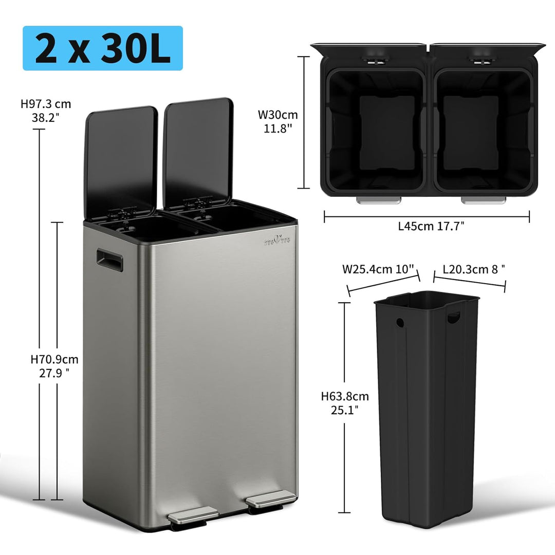 mVm Mülleimer Küche,60 Liter Treteimer,2 x 30 Liter Treteimer, 2 Fächer, Mülltrennsystem, Abfalleime