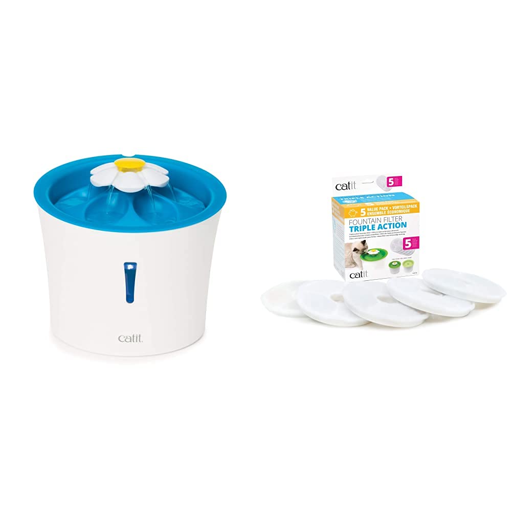 Catit 2.0 Flower Fountain, Blumentrinkbrunnen mit LED für Katzen, 3L, weiss/blau & 2.0 Triple Action