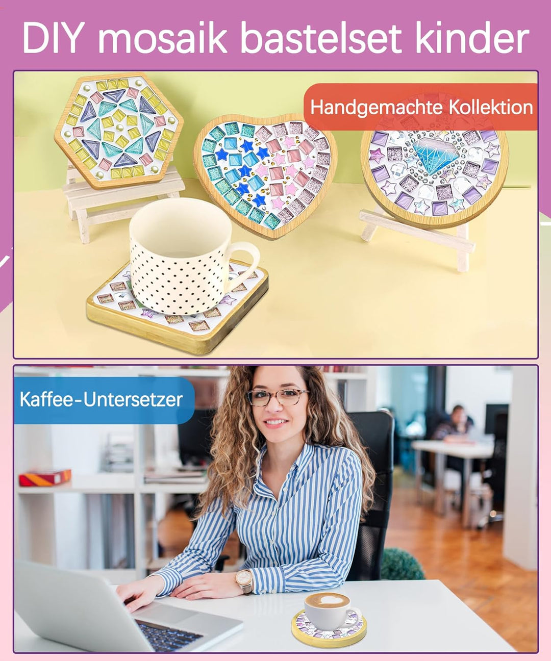 Mosaik Bastelset Kinder Finsink 4 Stück Herz Mosaik Untersetzer Bastelset DIY Holz Untersetzer Set M
