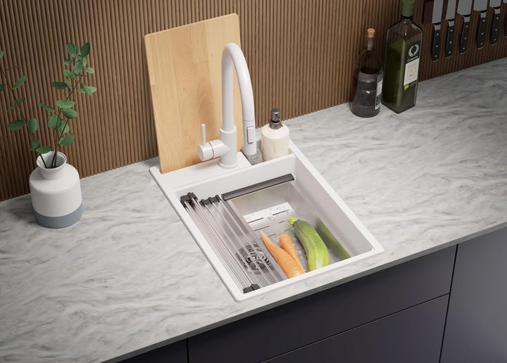 PRIMAGRAN Spülbecken Weiss 38x53cm, Granitspüle 1 Becken + Ablauf-Set, Küchenspüle ab 40er Unterschr