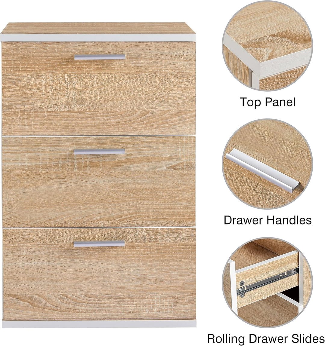 Yaheetech 2er Set Nachttisch Nachtschrank 3 Schubladen Nachtkommode mit Metallgriffe 60cm hoch Beist
