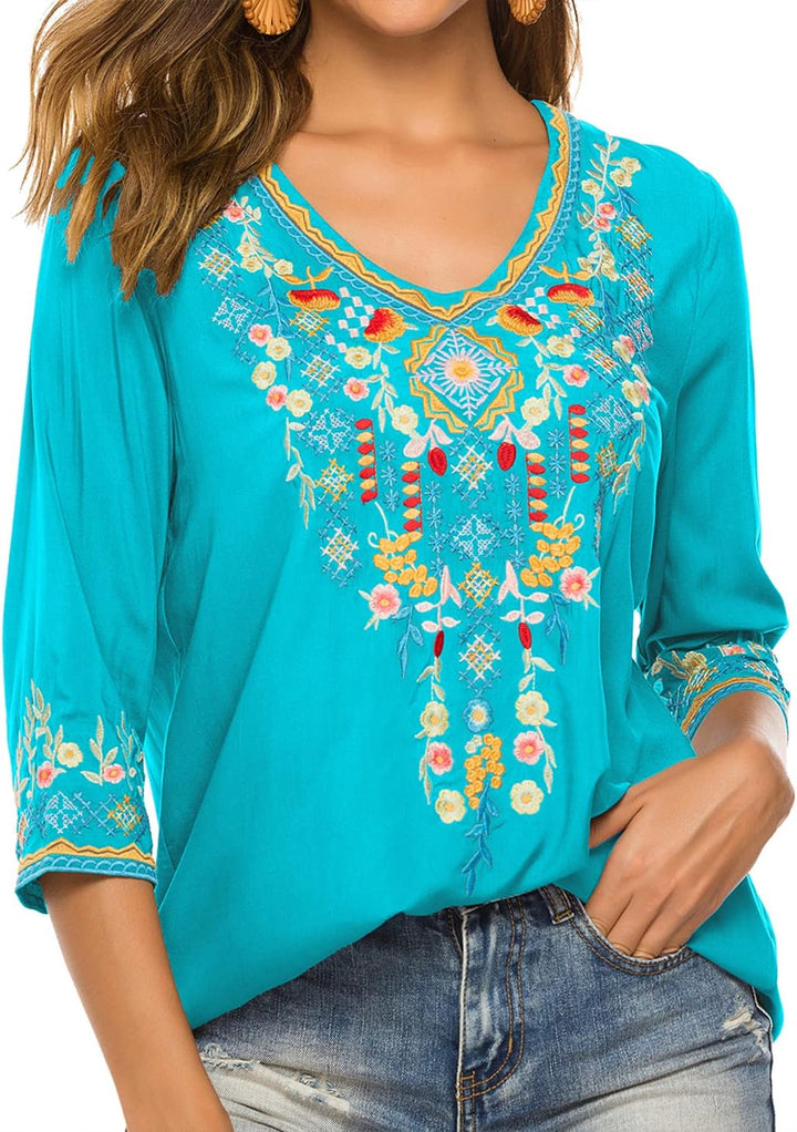 Vakakado Hippie Kleidung Damen Bohemian Folklore Stickerei Bluse 3/4 äRmel V Ausschnitt Tunika Somme