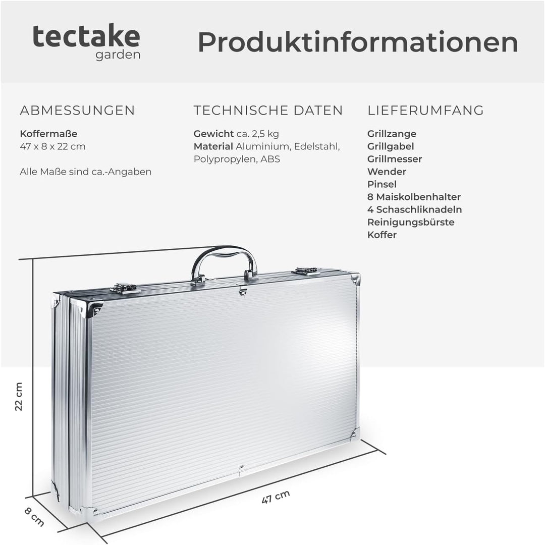 tectake® 18-TLG. Edelstahl Grillbesteck, Grillzubehör für Kugelgrill, Smoker, Kohlegrill, im Garten,