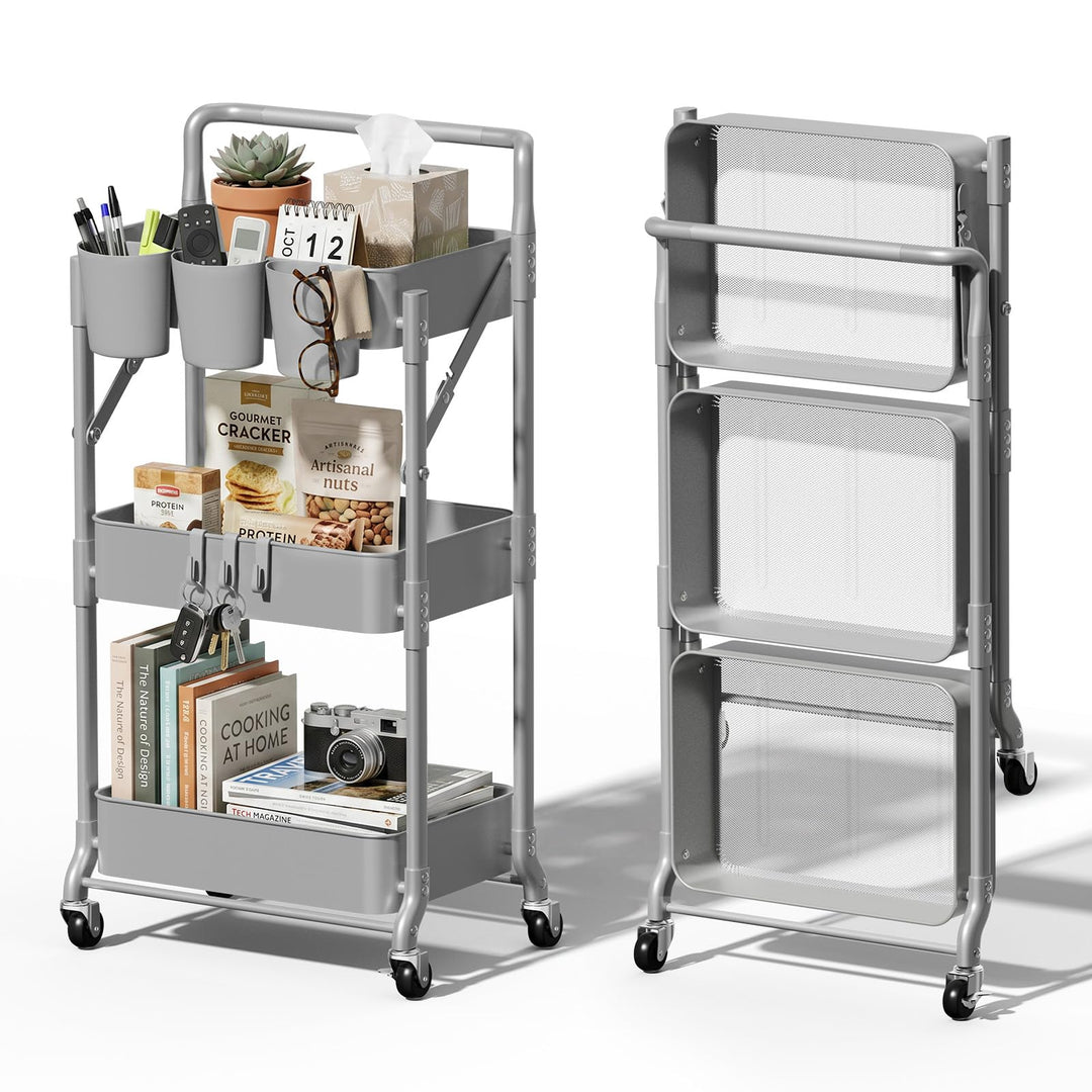 Shrivee 3-Tier Küchenwagen, Servierwagen, Faltbarer Metallwagen, Regal auf Rädern, Regal, Organizer,