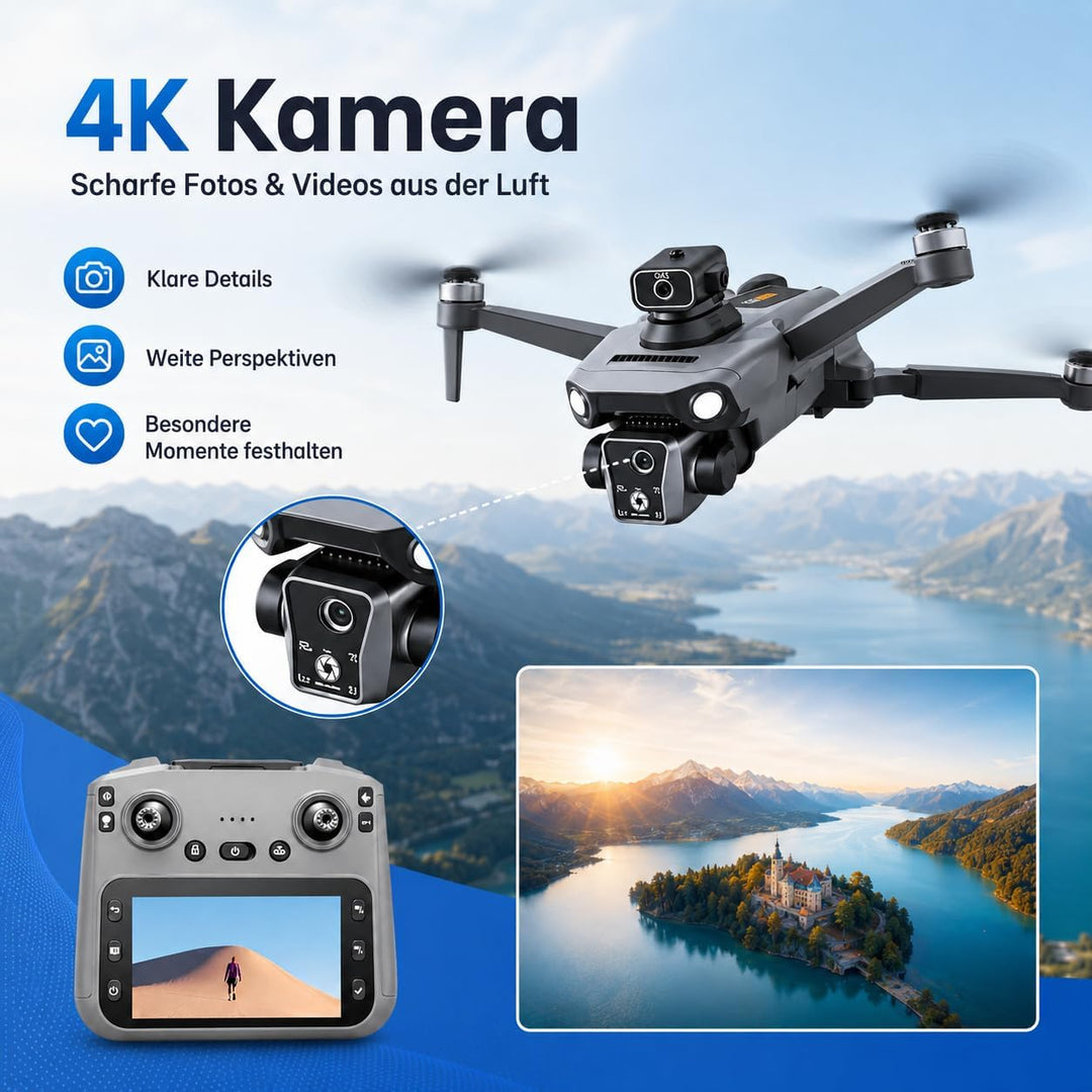 K19 GPS Drohne mit 4K Kamera, Fernbedienung mit Live-Display, 600m Reichweite, 360° Hindernisvermeid