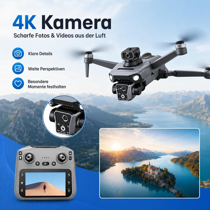 K19 GPS Drohne mit 4K Kamera, Fernbedienung mit Live-Display, 600m Reichweite, 360° Hindernisvermeid