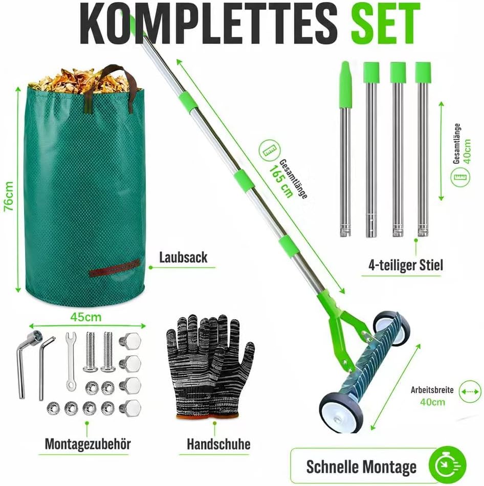 Handvertikutierer mit Rollen, Schneidrechen mit Stiel 165cm, Vertikutierer Rechen Hand mit Gartenabf