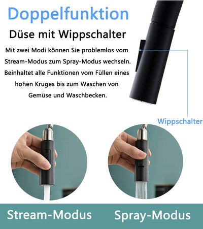 TIMACO Schwarz Küchenarmatur mit Ausziehbare Brause Wasserhahn Küche 360° Schwenkbar Mischbatterien