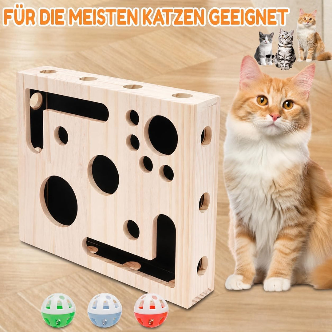Beschäftigungsbox Krallenfeile Katze, 29,5×24,5×6 cm Kratzpuzzle Spielbox Holz Katzen Kratzbrett mit