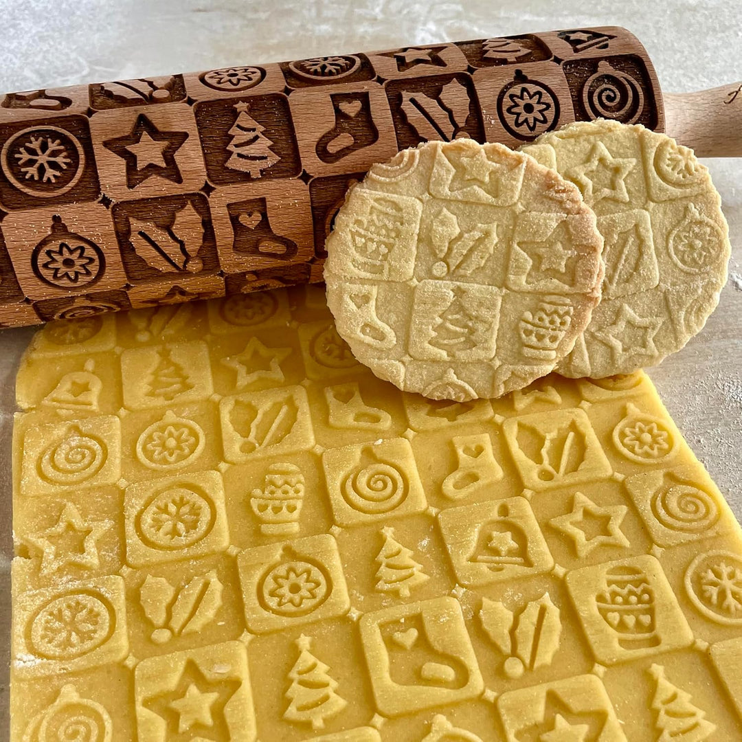 Kinder Nudelholz mit Muster WEIHNACHTSFEST Backen 3-er SET - Teigroller Holz für DIY Weihnachten Plä