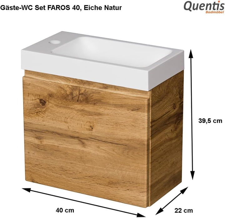 Quentis Badmöbel Gäste-WC Set Faros 40 cm, Waschbecken mit Unterschrank (Eiche Natur), Eiche Natur