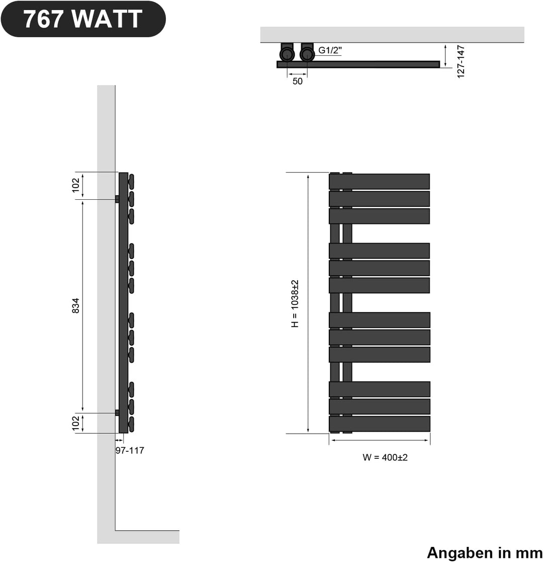 SONNI Badheizkörper Flach Handtuchtrockner 1038 x 400 mm Anthrazit Handtuchwärmer Seitenanschluss Pa