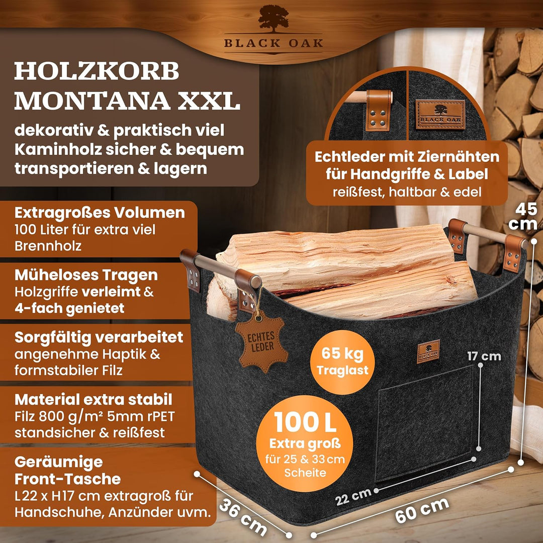BLACK OAK Montana XXL 100L Filzkorb &amp; Holzkorb für Kaminholz - Echt-Leder Applikation + breite Griff