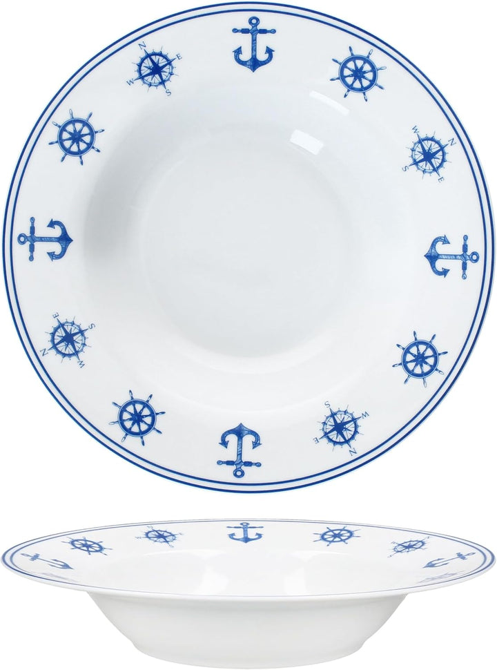 MamboCat 6er Set AHOI Suppenteller I 180ml I blau-weisse Porzellan-Teller mit nautischen Motiven für