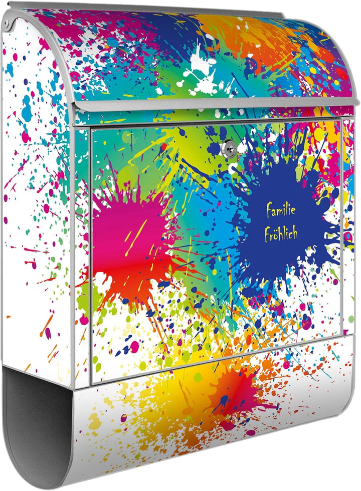 banjado® Design Briefkasten personalisiert mit Motiv Farbspritzer 39x47x14cm & 2 Schlüssel - Briefka
