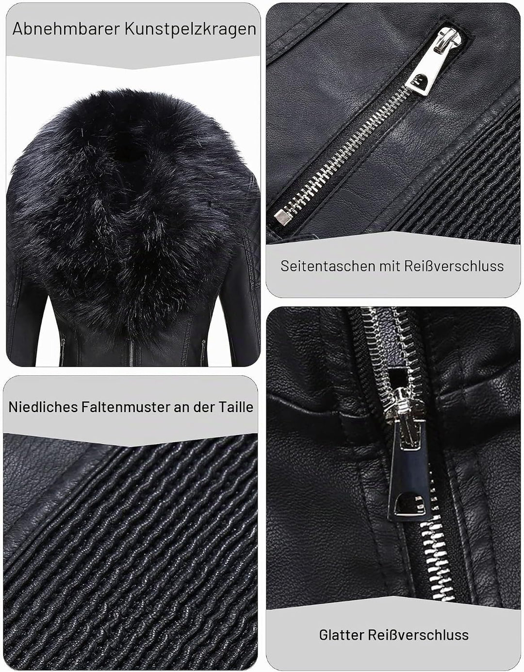 Giolshon Damen Kunstlederjacke Moto Biker Warme Winterjacket mit Kunstpelzkragen, XL