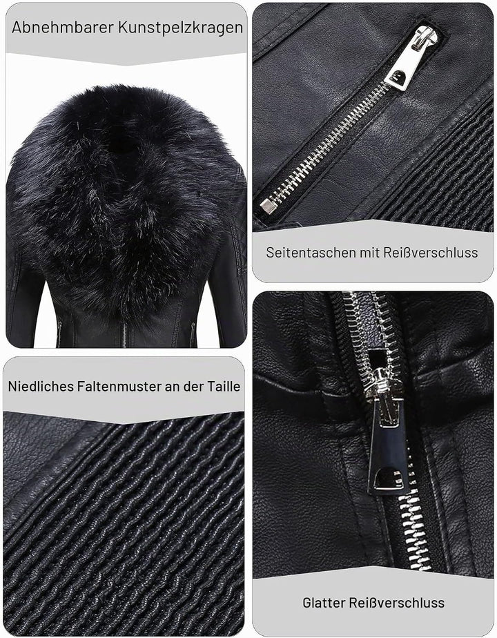 Giolshon Damen Kunstlederjacke Moto Biker Warme Winterjacket mit Kunstpelzkragen, XL