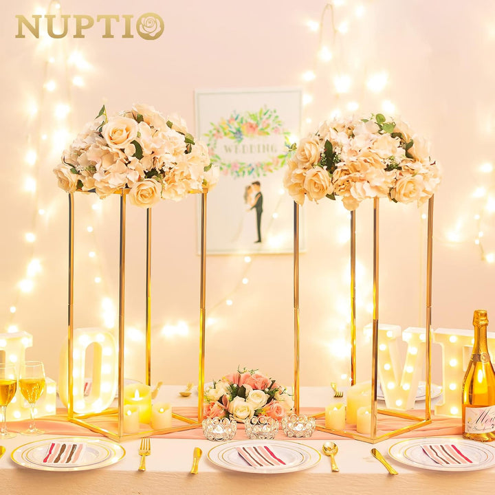Nuptio Gold Vase für Hochzeitsdekorationen 2 Stück 60cm Hoch Blumenständer Metallbodenvasen Geometri