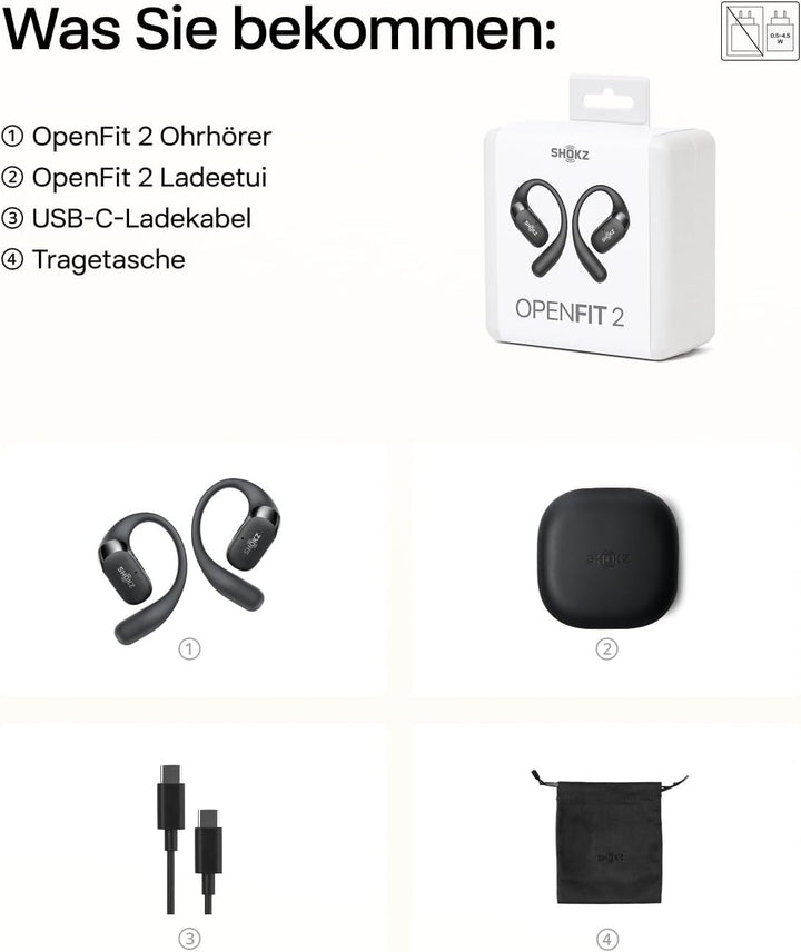 SHOKZ OpenFit 2 Open-Ear-Kopfhörer, True-Wireless-Bluetooth-Ohrhörer mit Mikrofon, Ohrbügel-Open-Ear