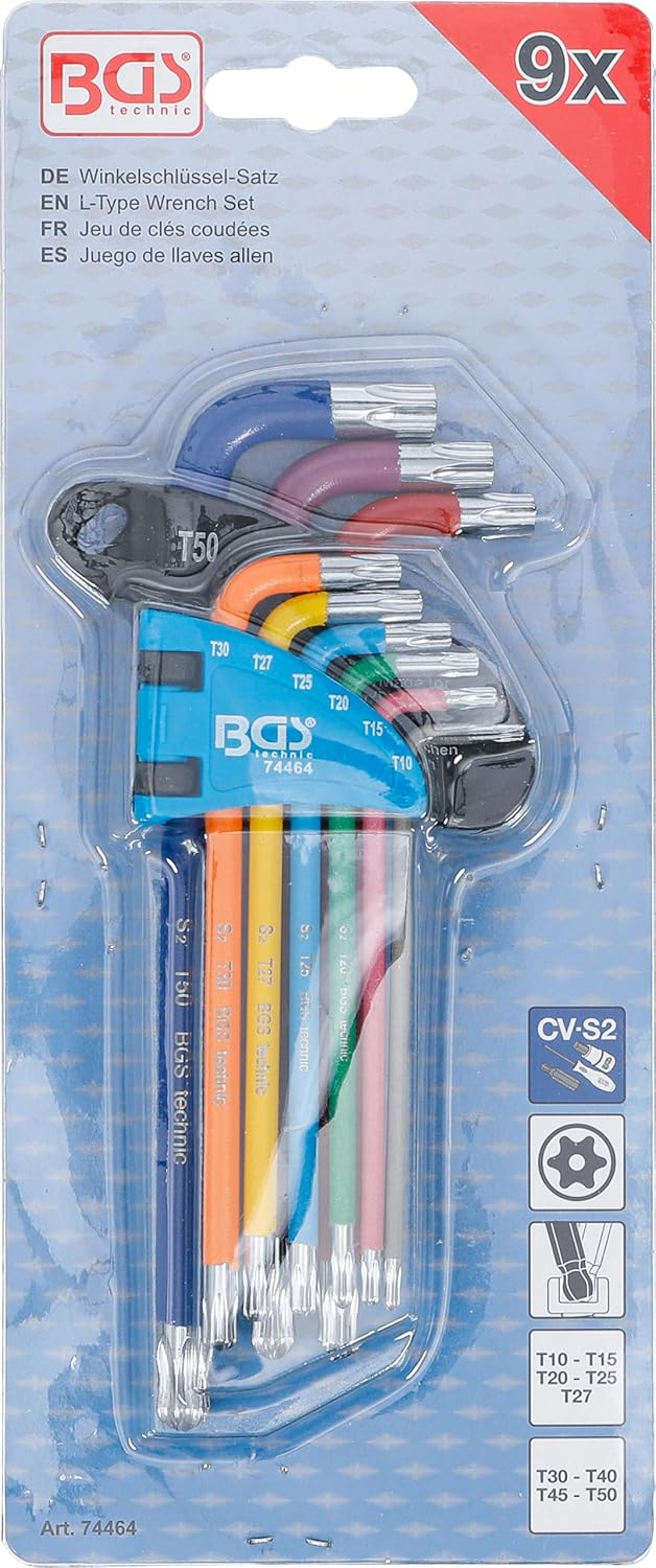 BGS 74464 | Winkelschlüssel-Satz | Multicolour | T-Profil (für Torx) mit Bohrung und Kugelkopf T10 -