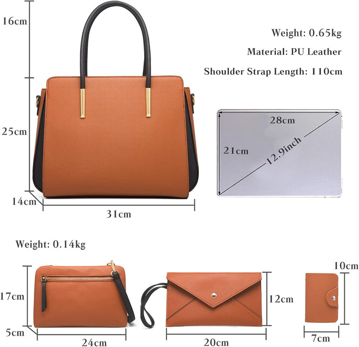 FANDARE Damen Handtasche 4 Stück Set Umhängetasche Frauen Reise Citytasche mit Unterarmtasche Brieft