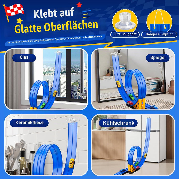 BunnyJOY Flexible Autorennbahn für Kinder mit 4 Rückziehautos, 2 Looping Rennbahn, Rampen Schwerkraf