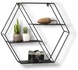 LIFA LIVING Hexagon Wandregal aus Metall mit 4 Böden, Schwarzes Schweberegal im Industrie Design, Se