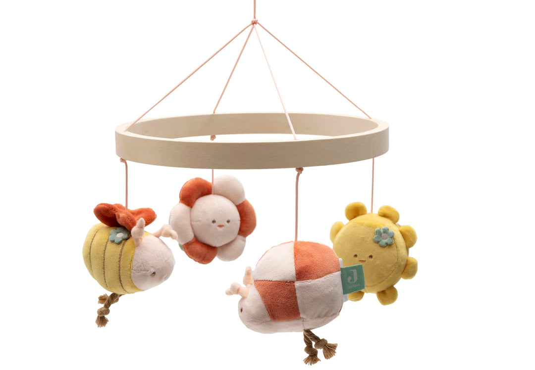 Jollein Mobile Baby – Pretty Picnic – Holzring mit Stofffiguren – Sonne, Blume, Biene & Marienkäfer