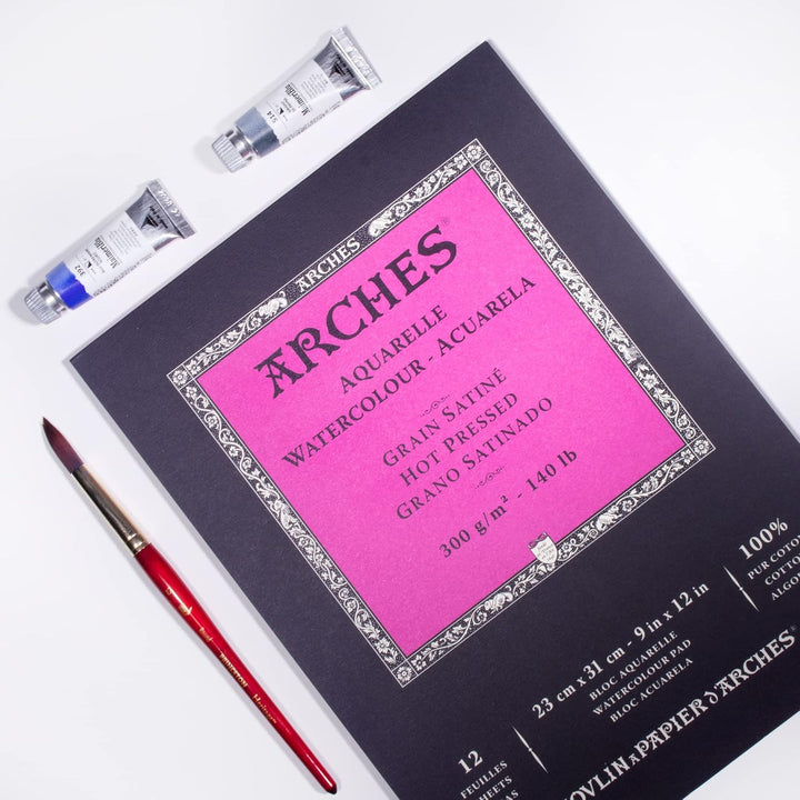 Arches 1795097 Aquarellpapier im Block (23 x 31 cm Kopfgeleimt 300g/m² Satiniert) 12 Blatt naturweis
