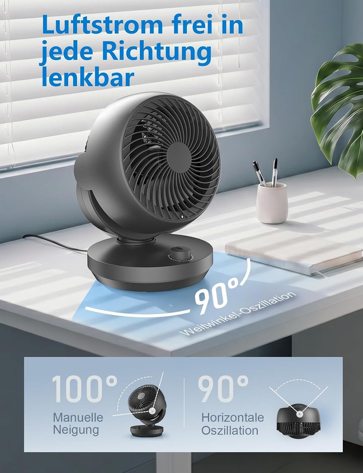 Ventilator Leise, 22dB Tischventilator mit Luftzirkulation, 3D Turbo Air Circulator, 3 Stufen & 100°