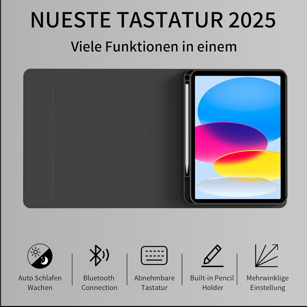 Hülle mit Tastatur für iPad A16 11 Generation 2025/10 Generation 2022 (11/10.9 Zoll), QWERTZ Layout,