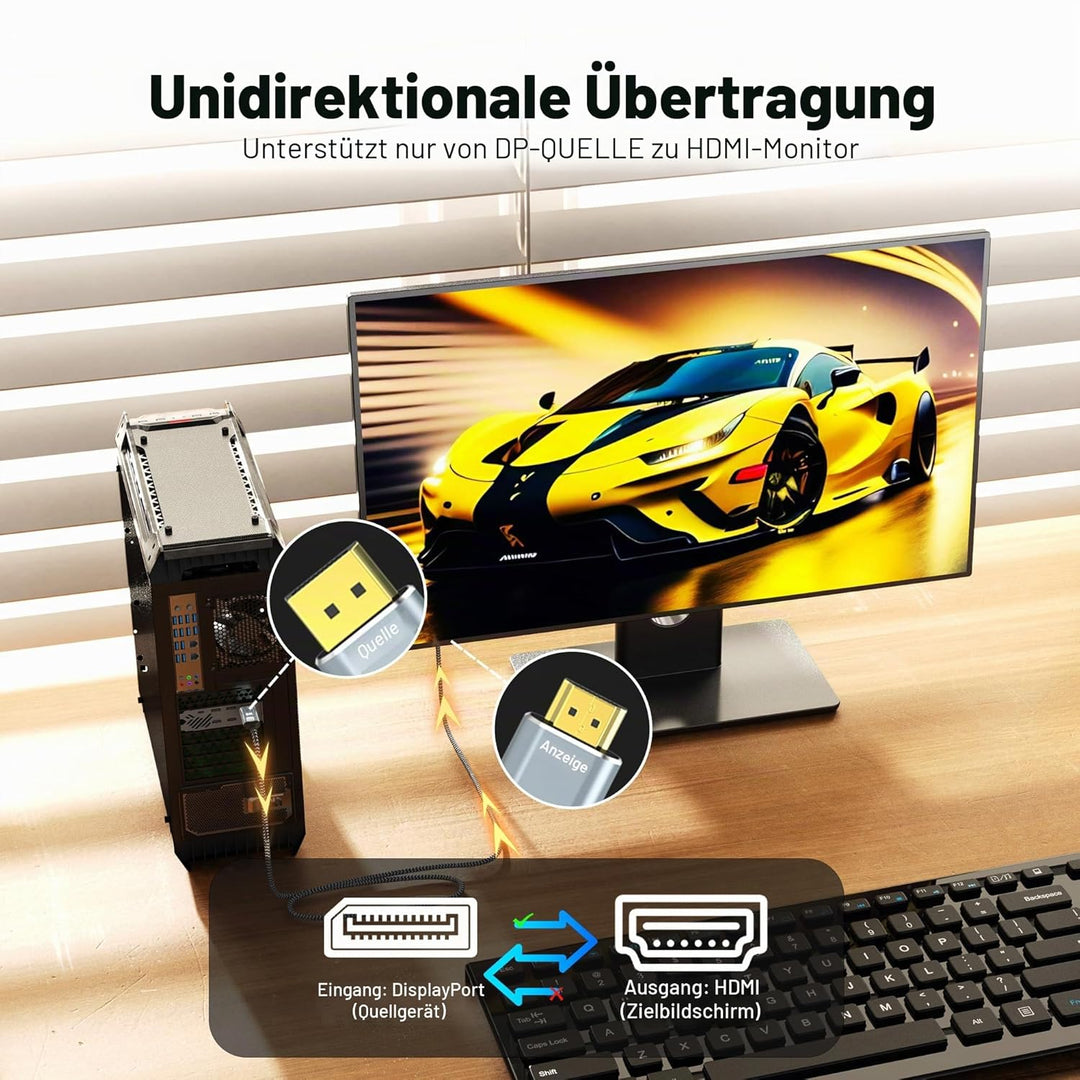 DisplayPort auf HDMI 8K Kabel, 8K @ 60Hz 4K @ 120Hz unidirektional DP1.4 (Quelle) auf HDMI 2.1 (Disp