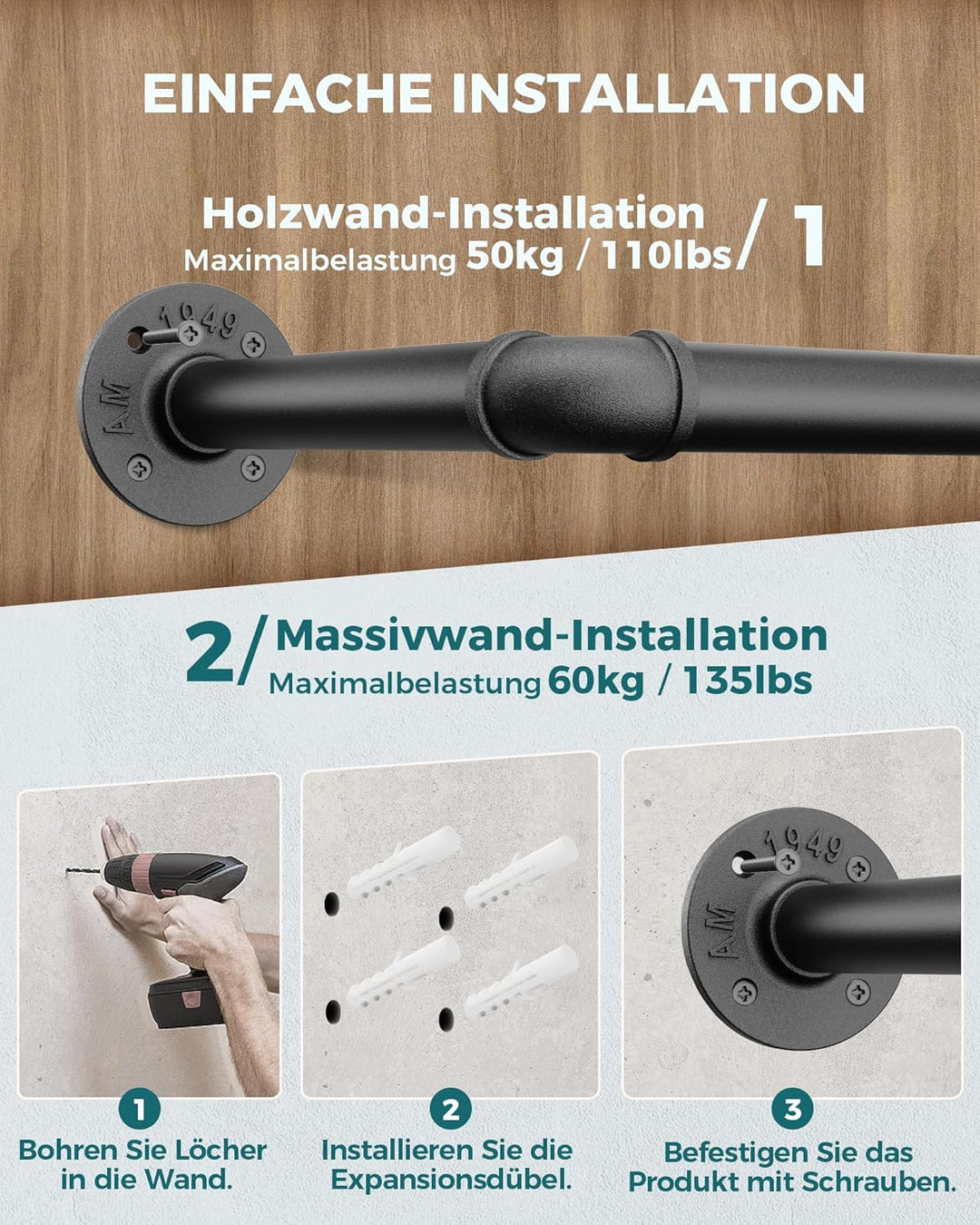 OROPY Industrieller Stil Rohr-Kleidergestell 2er Set, an der Wand befestigte abnehmbare Retro- Metal