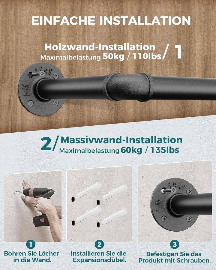 OROPY Industrieller Stil Rohr-Kleidergestell 2er Set, an der Wand befestigte abnehmbare Retro- Metal
