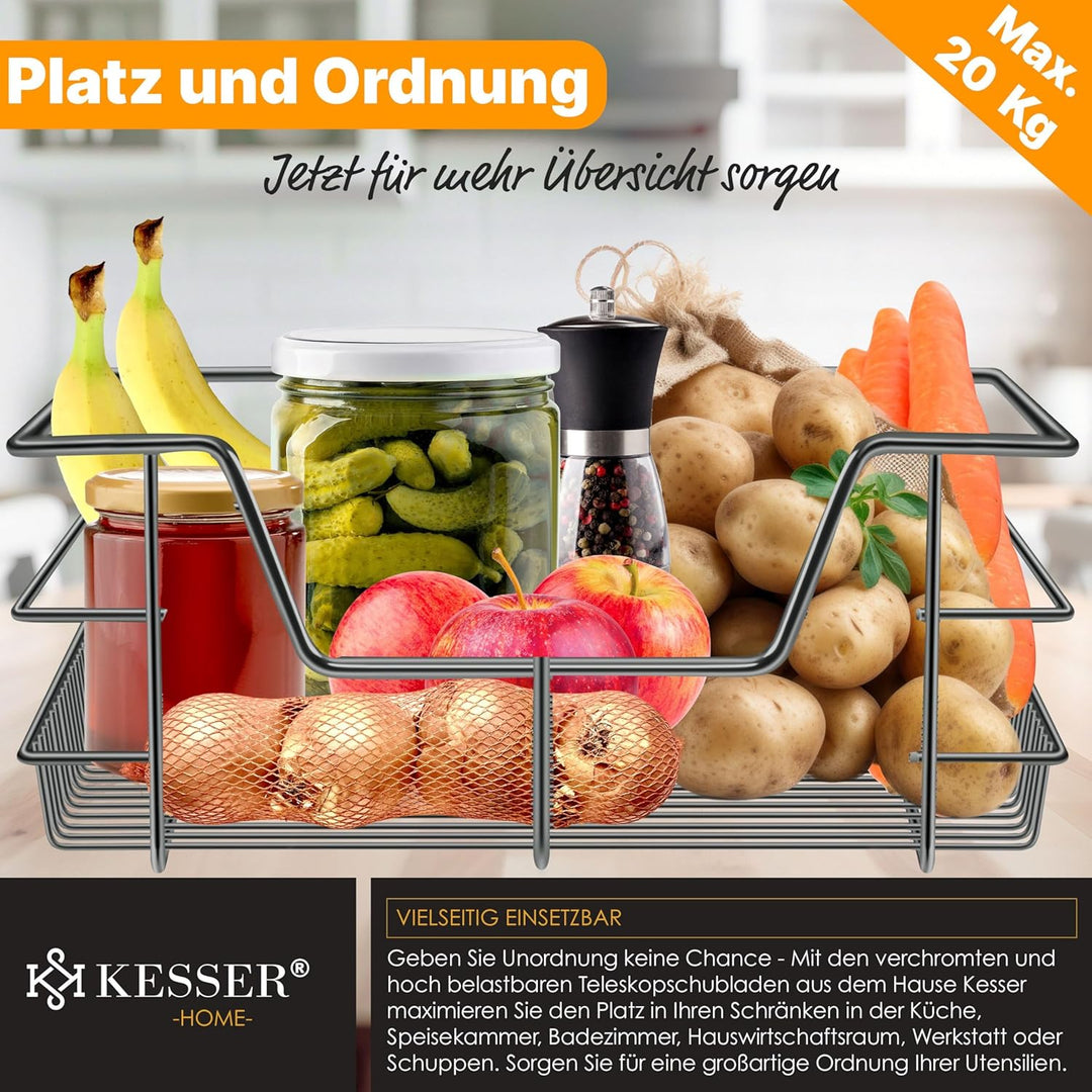 KESSER® Teleskopschublade 50cm Schrankbreite verchromt aus Edelstahl Schubladeneinsatz für Küchensch