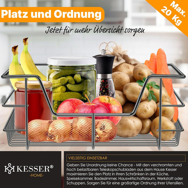 KESSER® Teleskopschublade 50cm Schrankbreite verchromt aus Edelstahl Schubladeneinsatz für Küchensch
