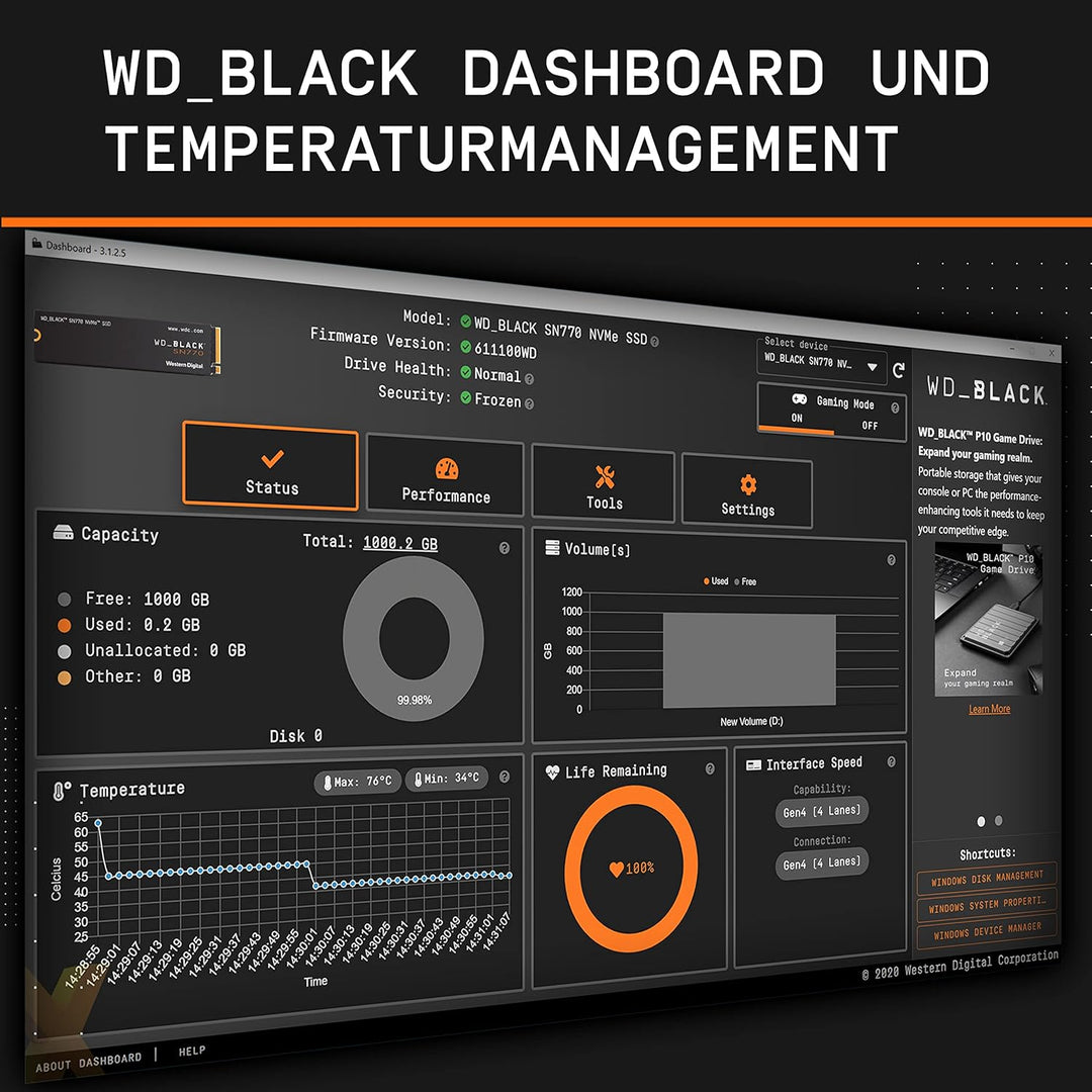WD_BLACK SN770 NVMe SSD 2 TB (High-Performance, Gaming, PCIe Gen4, M.2 2280, Lesen 5.150 MB/s, Schre