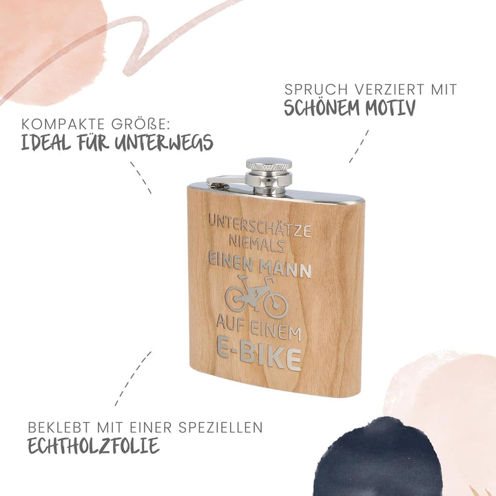 Spruchreif | Gravierter Edelstahl Flachmann | Holz Flachmann mit Gravur E-Bike | Outdoor Geschenk |